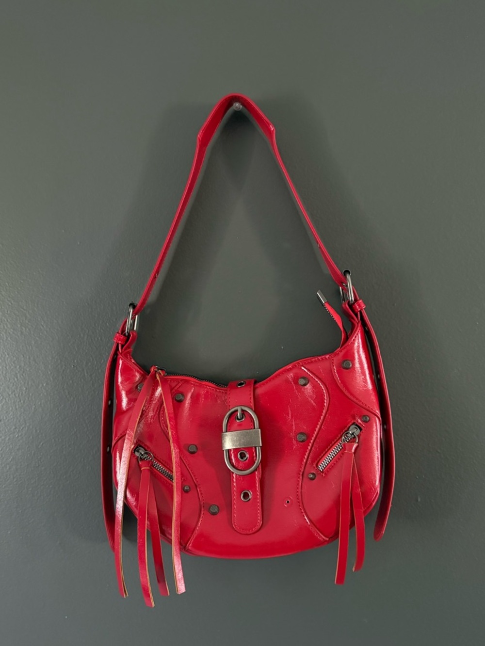 Fashion Nova Red Leather Shoulder Bag with Buckle & Tassels